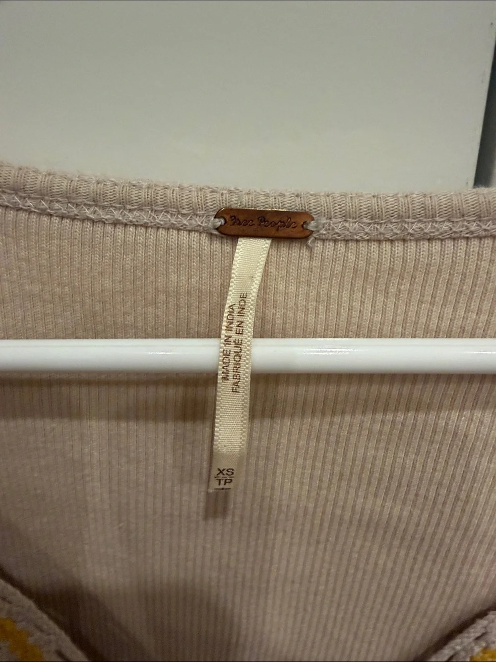 Free People Beige V-Neck Blouse with Mustard Embroidery XS